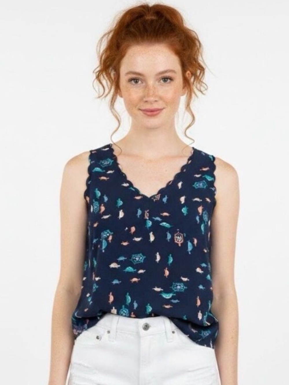 Anthropologie Maeve Blue Frolicking Turtles Terrapin Sleeveless Top - Size 2